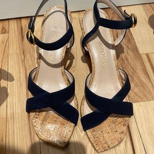 Stuart Weitzman navy suede and laquered cork sandals — perfect for summer!